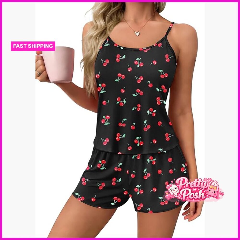 Printed Cami Pajama Set 2 Piece Sleepwear Criss Cross Back Tank Split Shorts